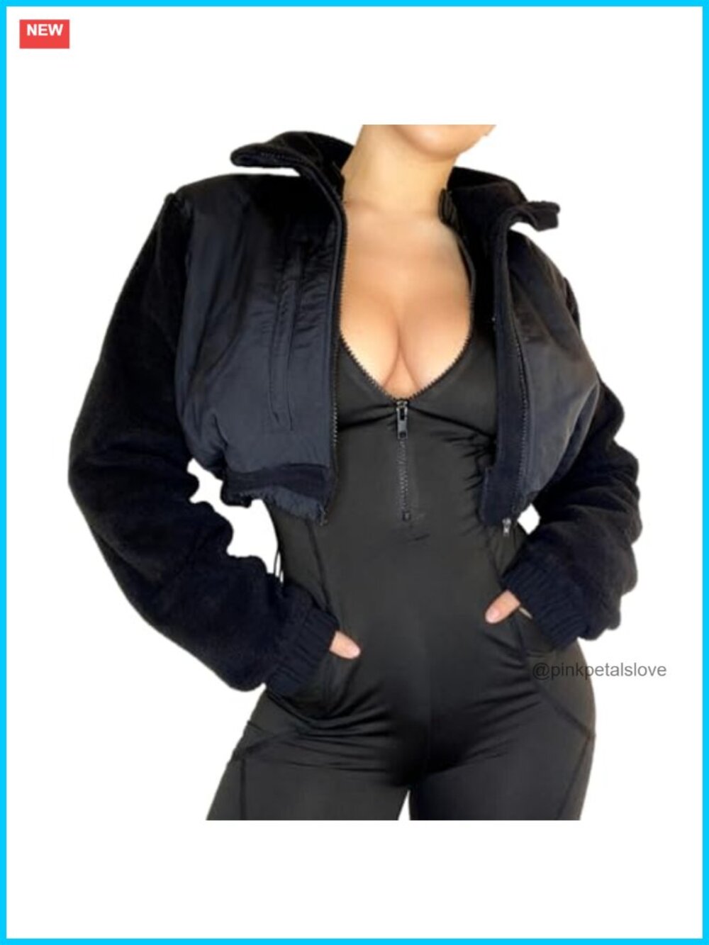 Cropped Zip Front Fleece Lined Jacket with Stand Collar